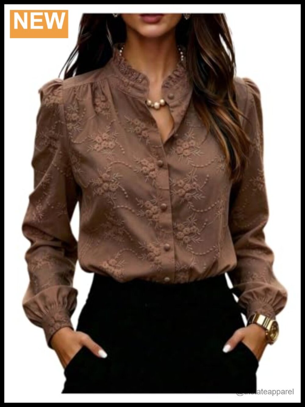 Boho Embroidered Floral Puff Sleeve Ruffle Blouse Mock Neck Button Down Top